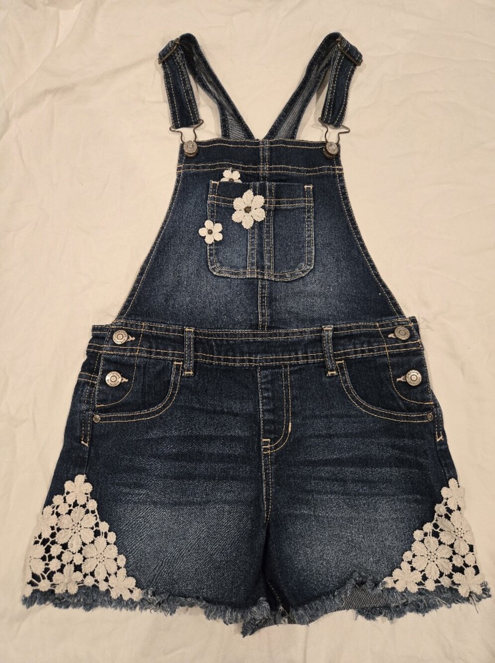 Jordache Girls L 10-12 Denim Shortalls Floral Crochet Frayed Hem Overalls